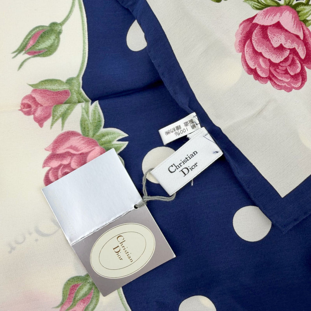 Dior Trotter Style Logo Dot and Rose Print Silk Scarf Navy Vintage — view 8