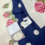 Dior Trotter Style Logo Dot and Rose Print Silk Scarf Navy Vintage — view 8