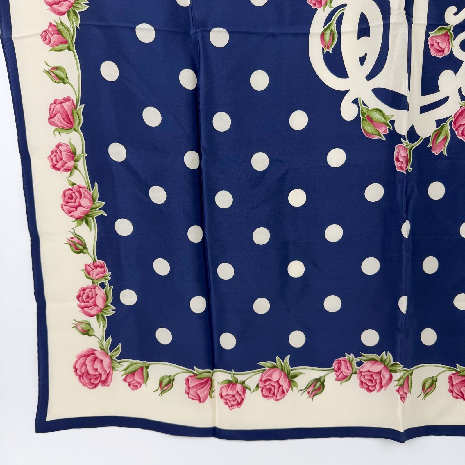 Dior Trotter Style Logo Dot and Rose Print Silk Scarf Navy Vintage — view 5