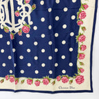 Dior Trotter Style Logo Dot and Rose Print Silk Scarf Navy Vintage — view 6