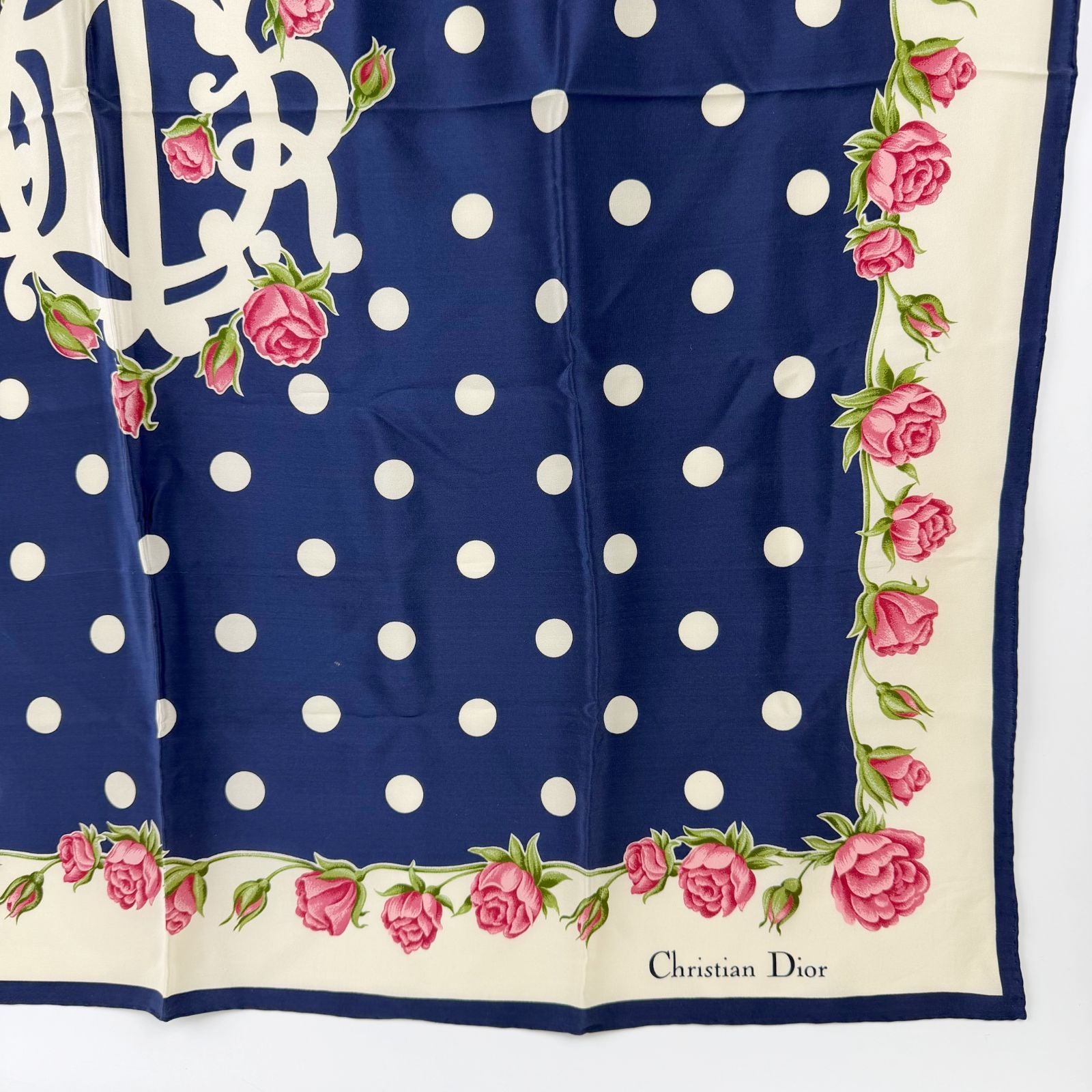 Dior Trotter Style Logo Dot and Rose Print Silk Scarf Navy Vintage — view 6