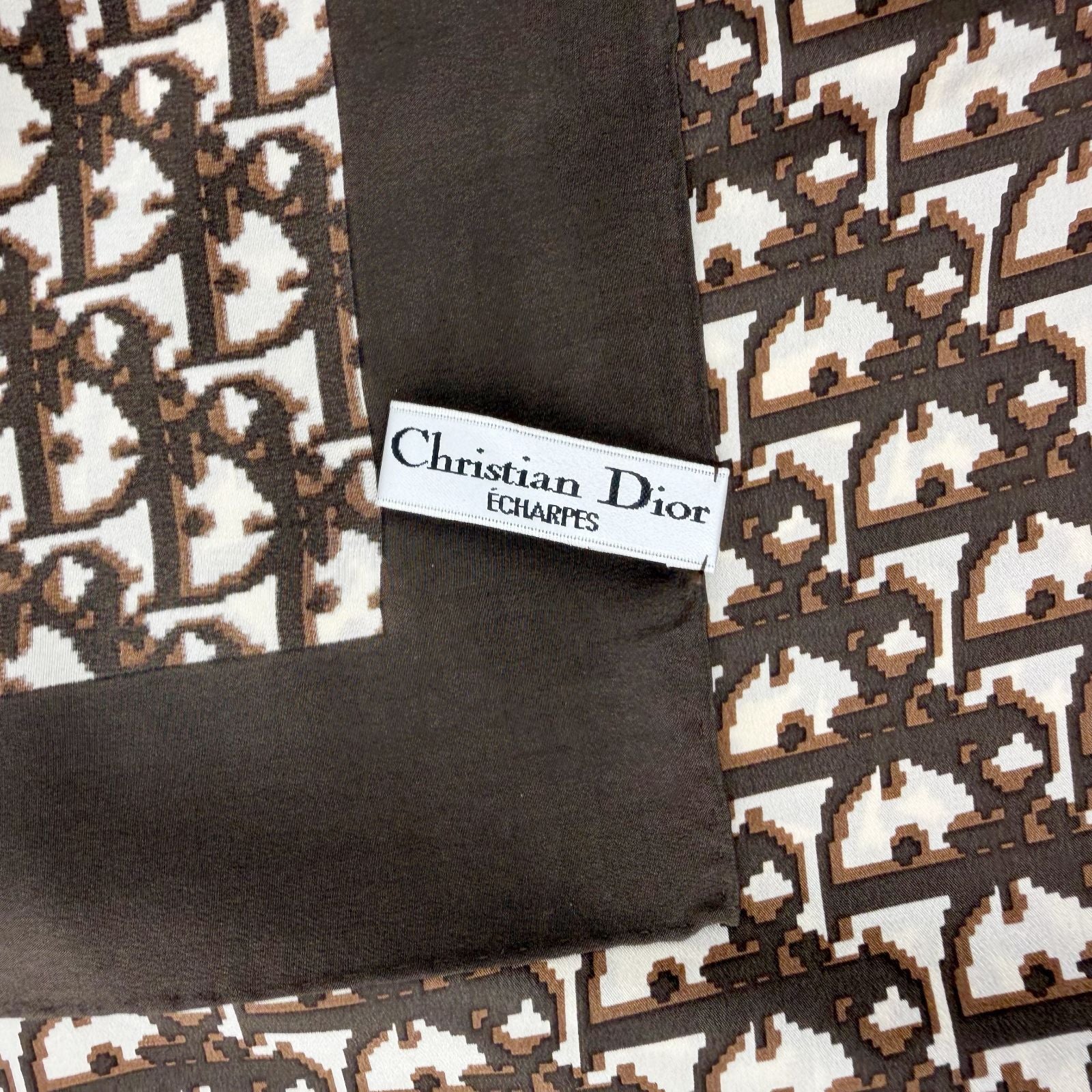 Dior Trotter Logo All Over Print Silk Scarf Brown White Vintage — view 9