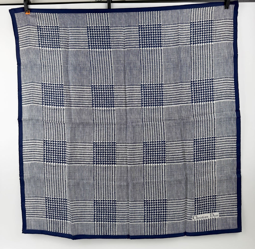 Dior Glen Check Houndstooth Silk Scarf Navy White Vintage