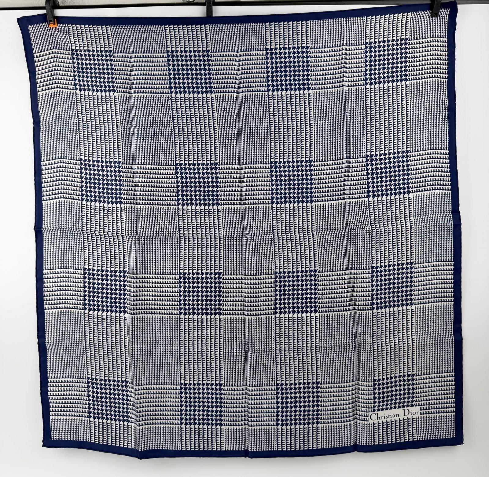 Dior Glen Check Houndstooth Silk Scarf Navy White Vintage