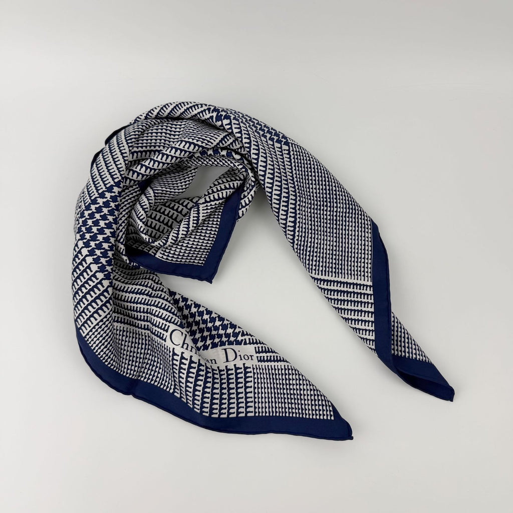 Dior Glen Check Houndstooth Silk Scarf Navy White Vintage — view 2