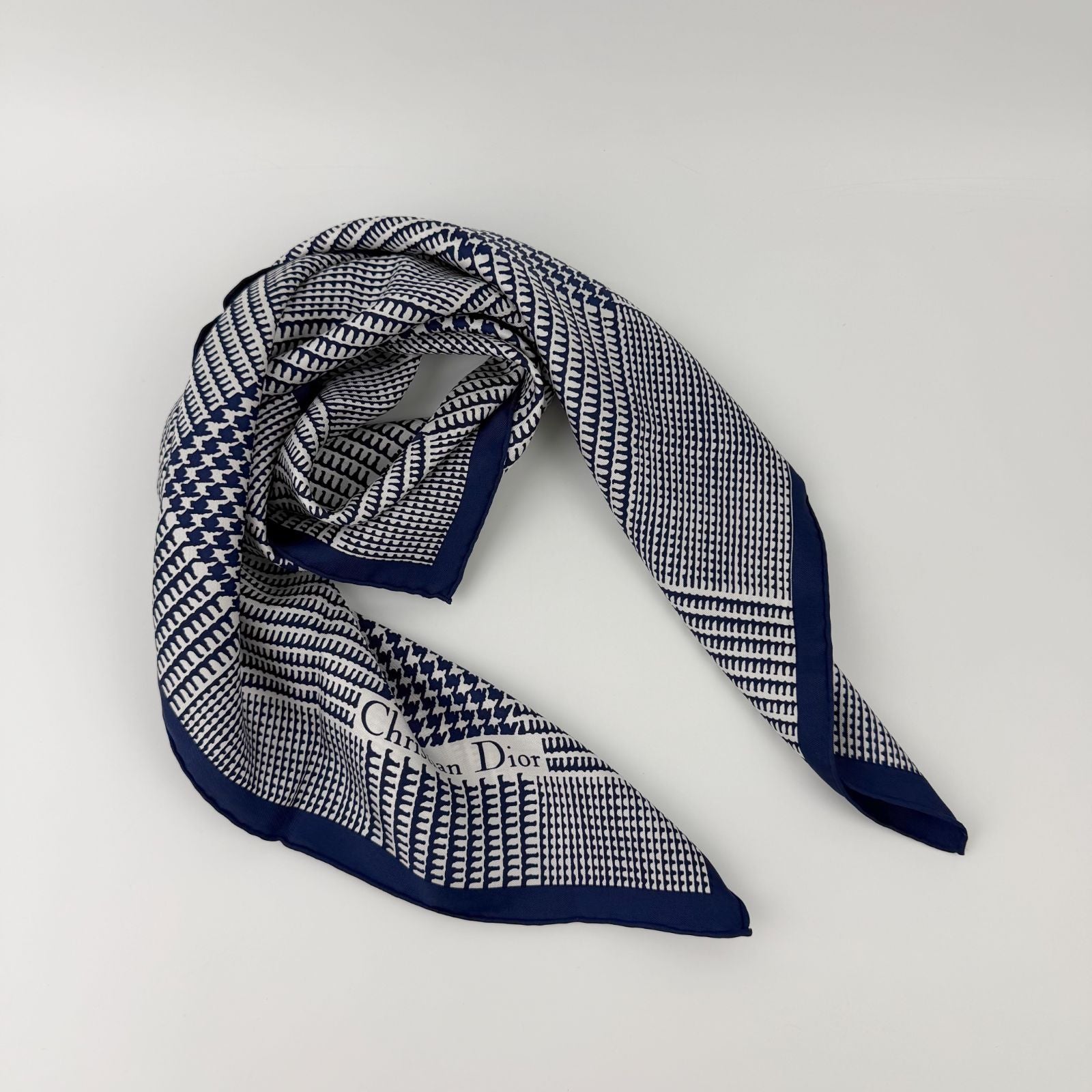 Dior Glen Check Houndstooth Silk Scarf Navy White Vintage — view 2