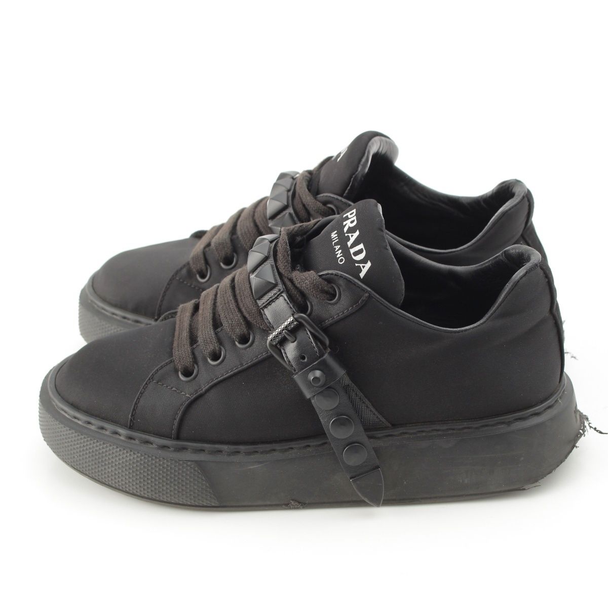 Prada Nylon Studded Belt Fabric Sneakers Black — view 3