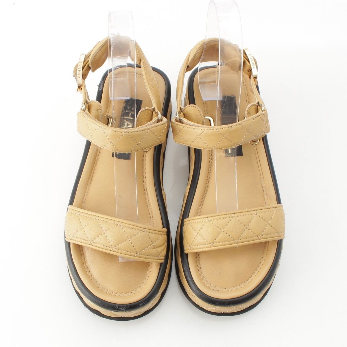 Chanel Quilted Lambskin CC Logo Velcro Strap Sandals Beige 36c — view 2