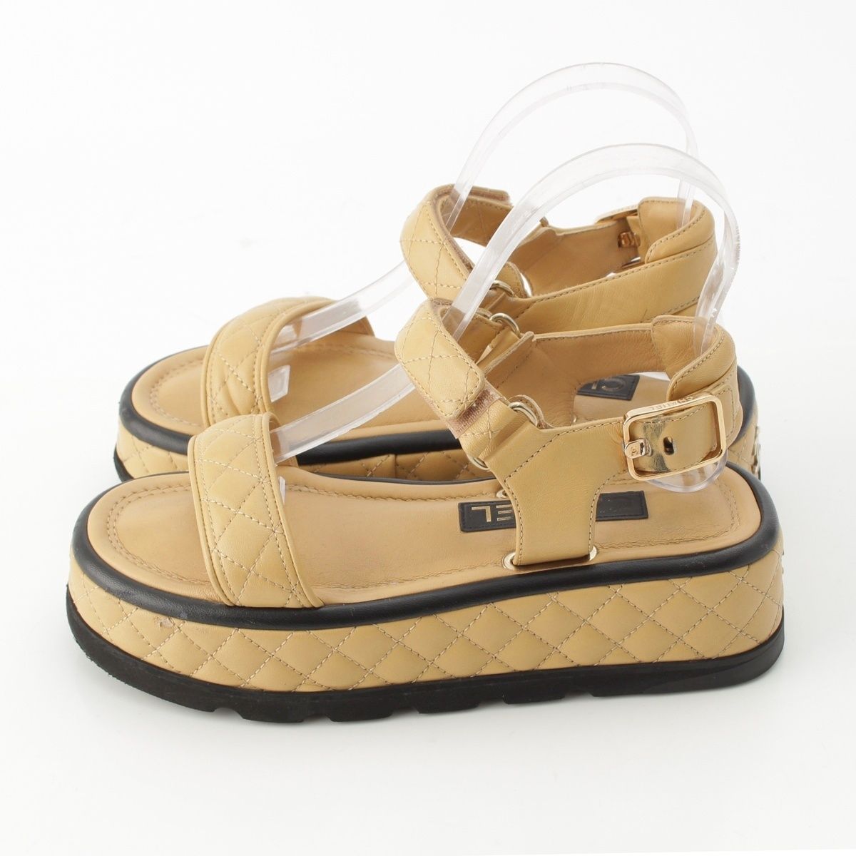 Chanel Quilted Lambskin CC Logo Velcro Strap Sandals Beige 36c — view 3