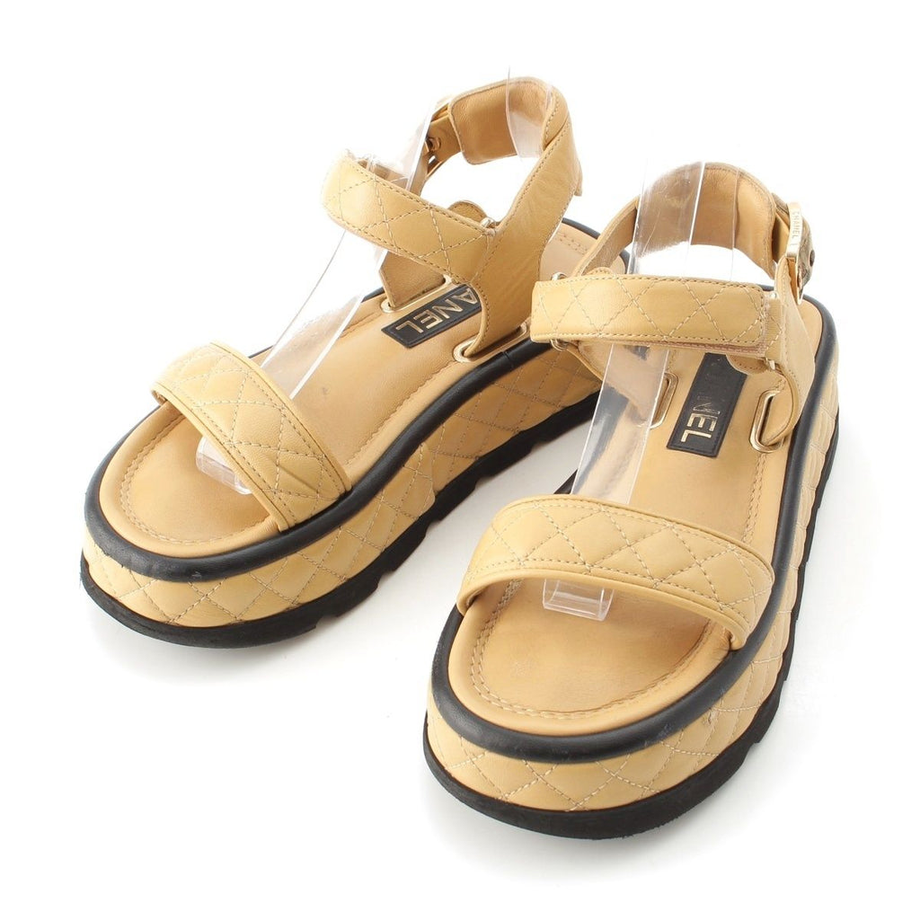 Chanel Quilted Lambskin CC Logo Velcro Strap Sandals Beige 36c