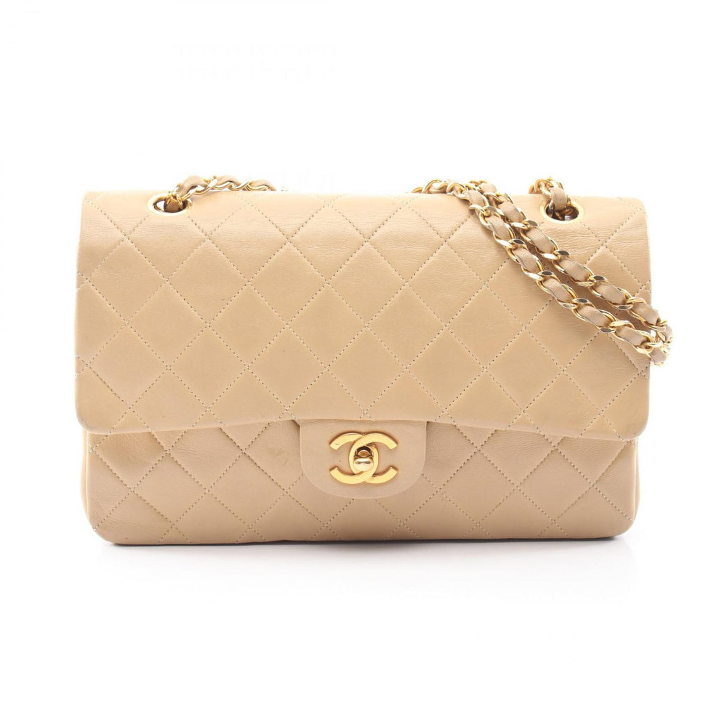 Chanel Shoulder Bag Quilted Double Flap Beige Lambskin Chain