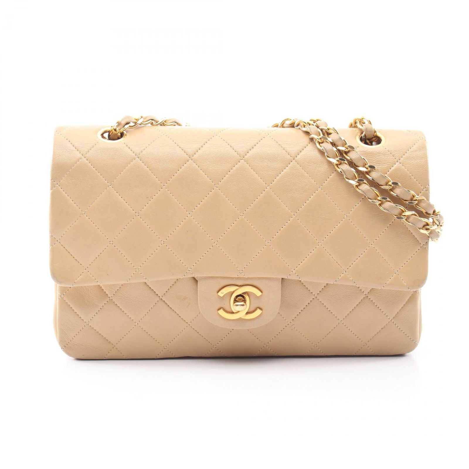 Chanel Shoulder Bag Quilted Double Flap Beige Lambskin Chain