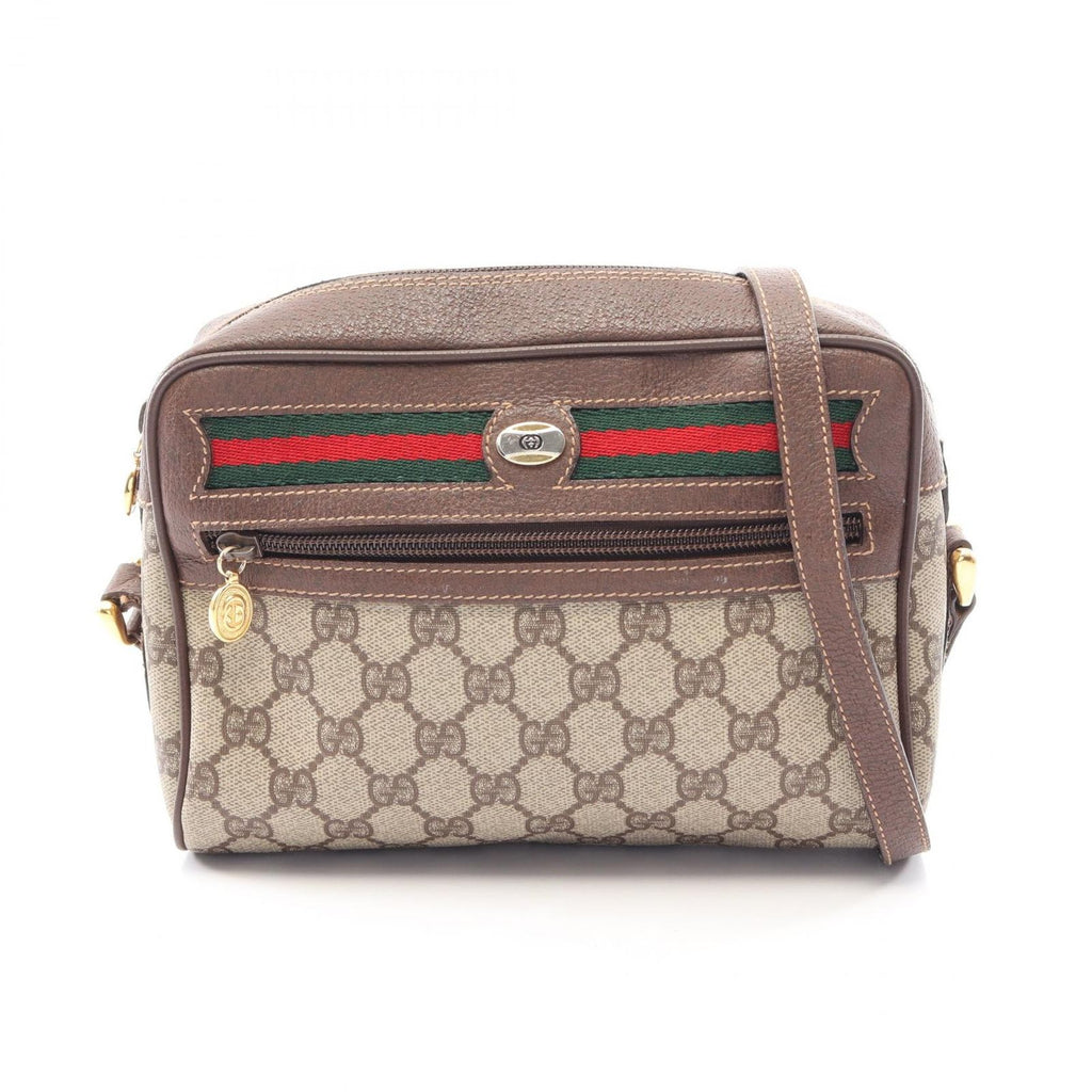 Gucci Shoulder Bag Vintage GG Plus 001 115 Gray Dark Brown Canvas Leather