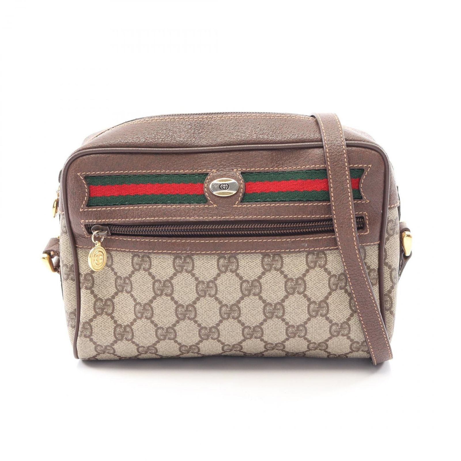 Gucci Shoulder Bag Vintage GG Plus 001 115 Gray Dark Brown Canvas Leather