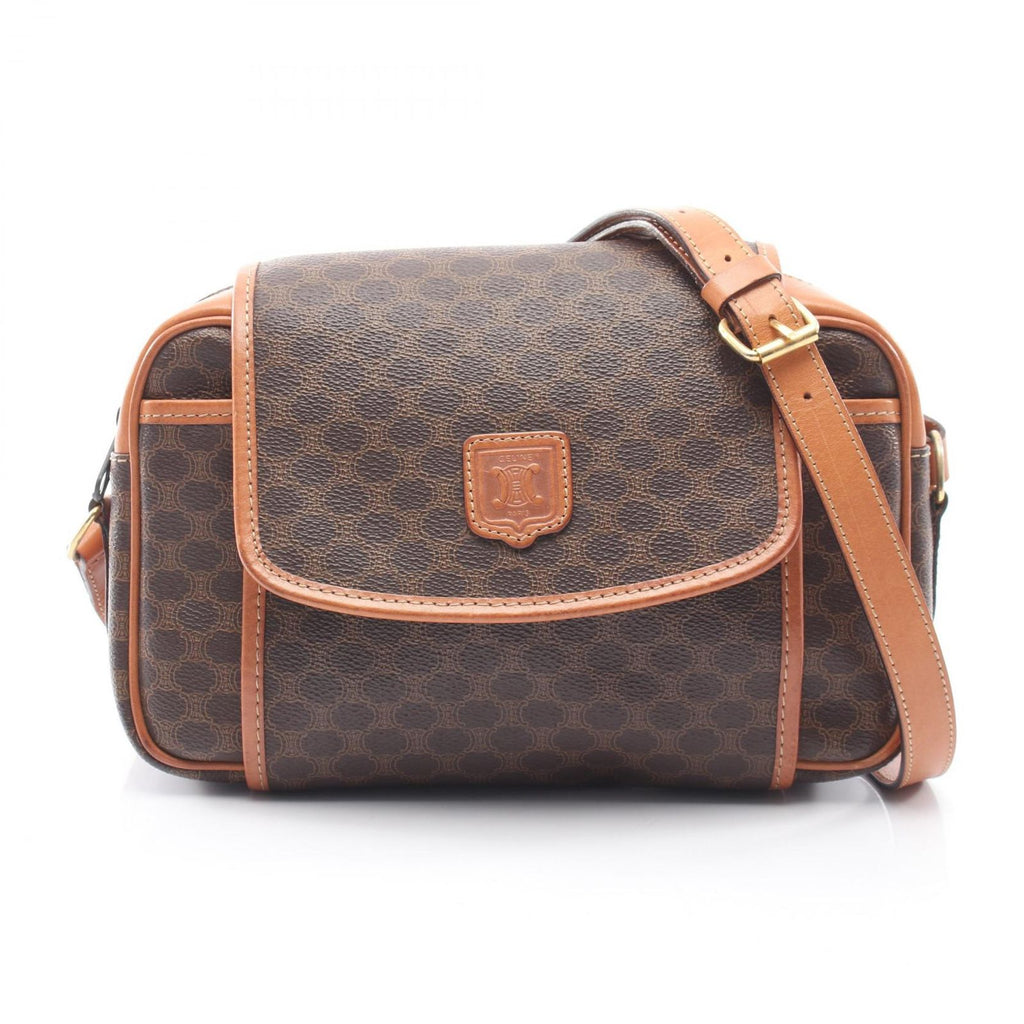 Celine Shoulder Bag Macadam Dark Brown Canvas Leather