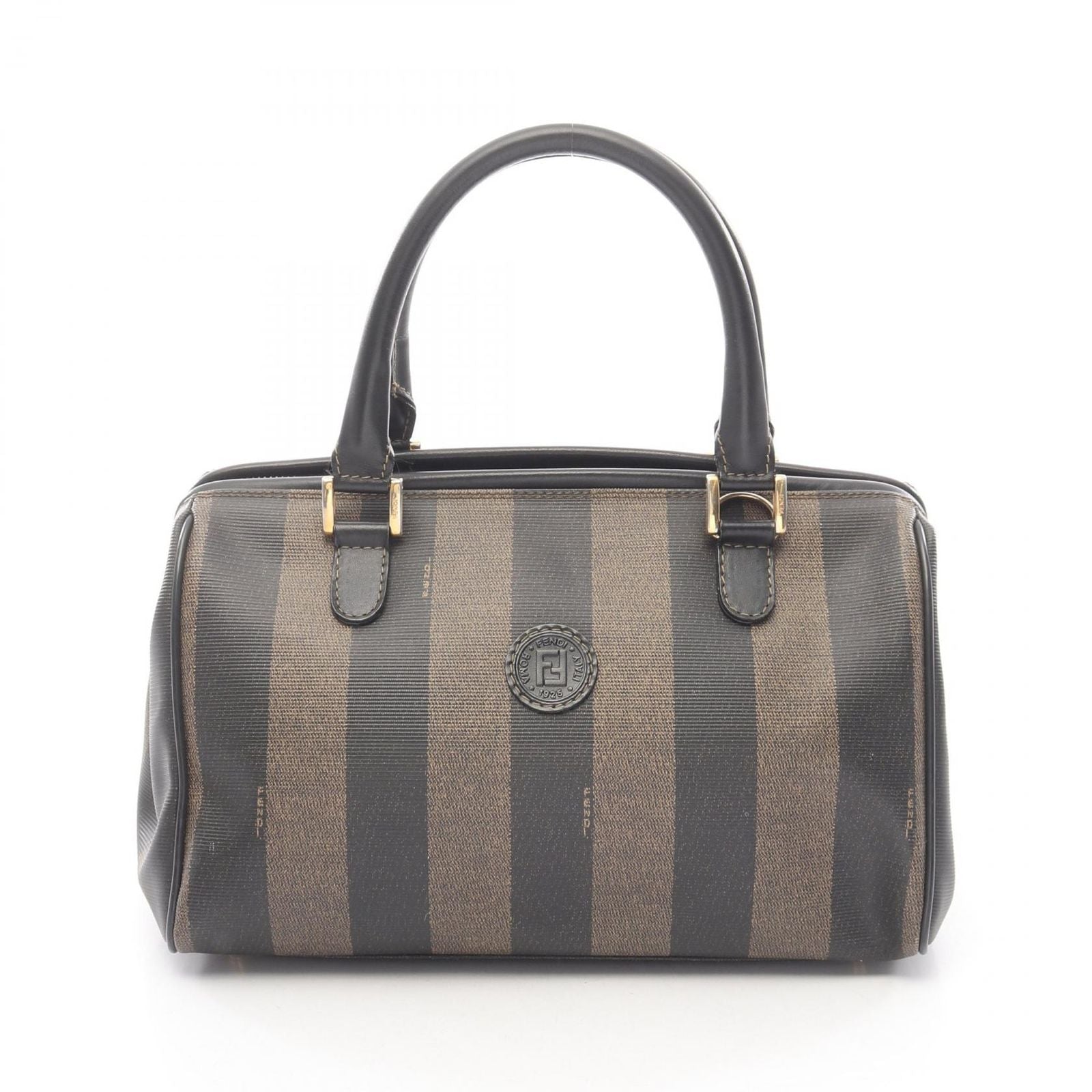Fendi Tote Pecan Brown Black Canvas Leather Mini Boston