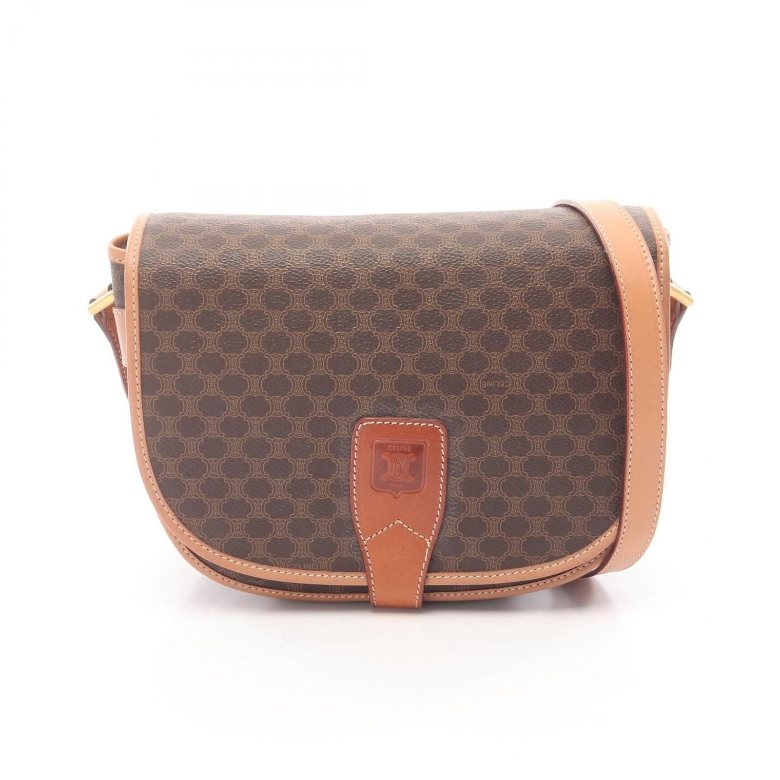 Celine Shoulder Bag Macadam Brown Canvas Leather