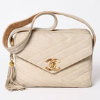 Chanel CC Logo Suede Tassel Shoulder Bag Chevron Bahia Stitch Gold
