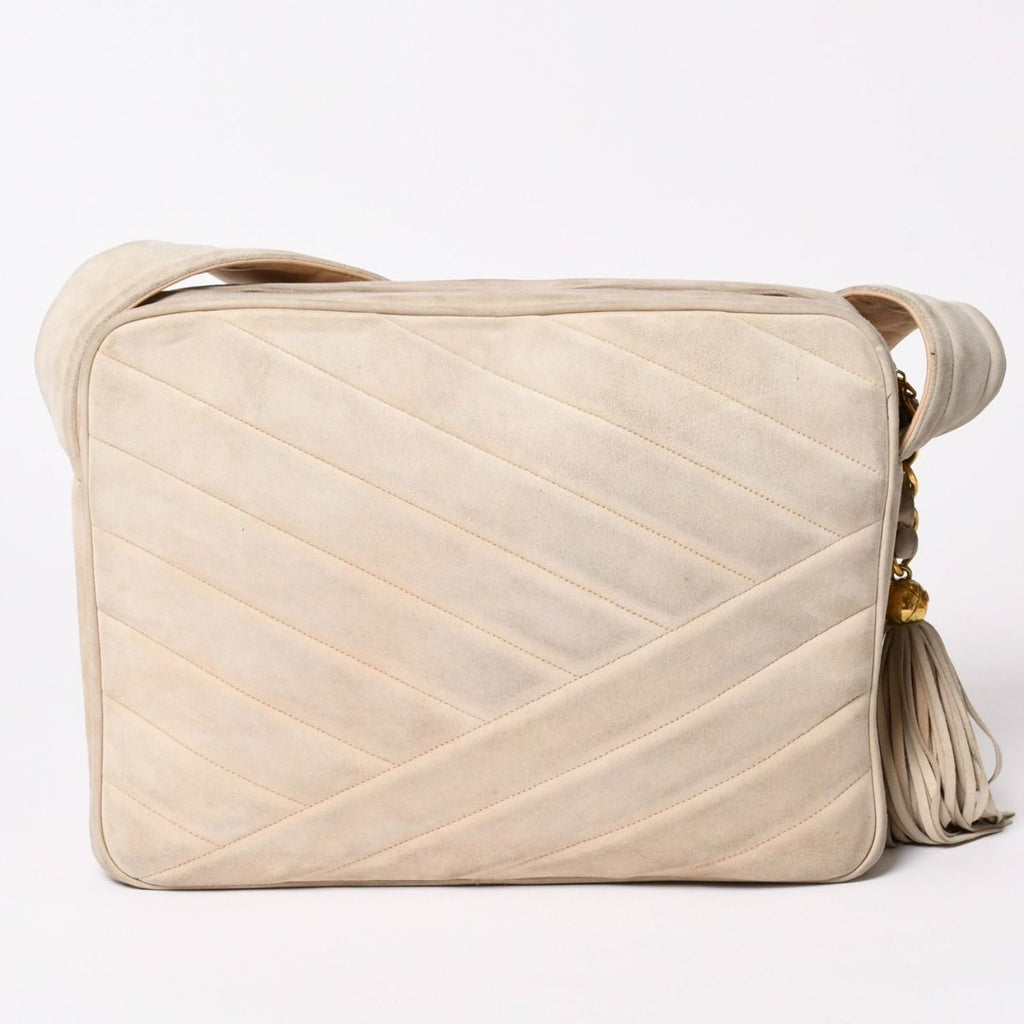 Chanel CC Logo Suede Tassel Shoulder Bag Chevron Bahia Stitch Gold — view 2