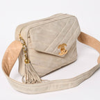 Chanel CC Logo Suede Tassel Shoulder Bag Chevron Bahia Stitch Gold — view 3
