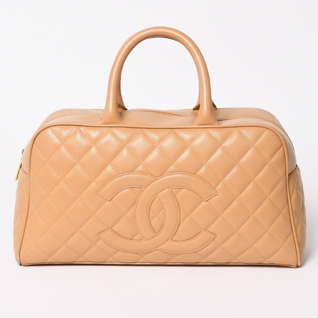 Chanel Quilted Handbag Mini Boston Shape Bag CC Logo Caviar Leather Beige