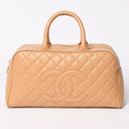 Chanel Quilted Handbag Mini Boston Shape Bag CC Logo Caviar Leather Beige