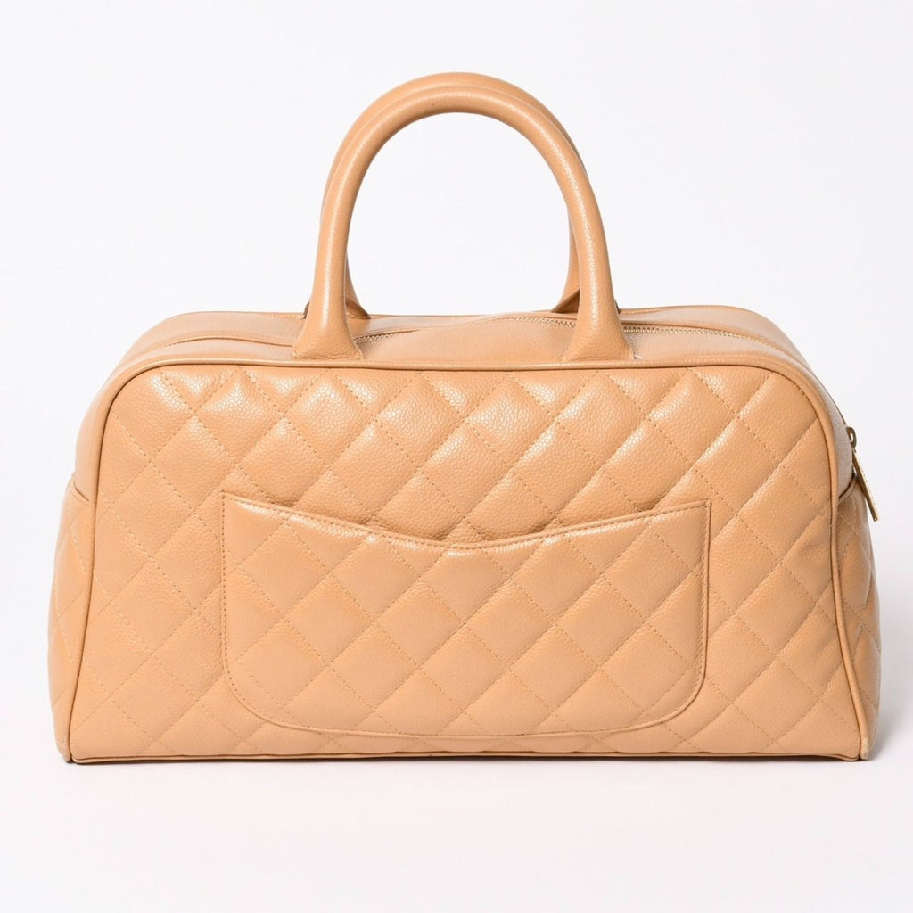 Chanel Quilted Handbag Mini Boston Shape Bag CC Logo Caviar Leather Beige — view 2