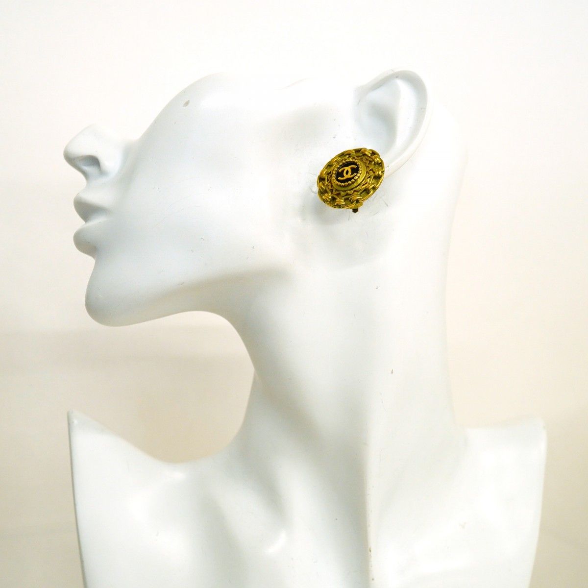 Chanel Earrings Vintage CC Logo Gold Plated Black Cles — view 5