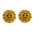 Chanel Earrings Vintage CC Logo Gold Plated Black Cles