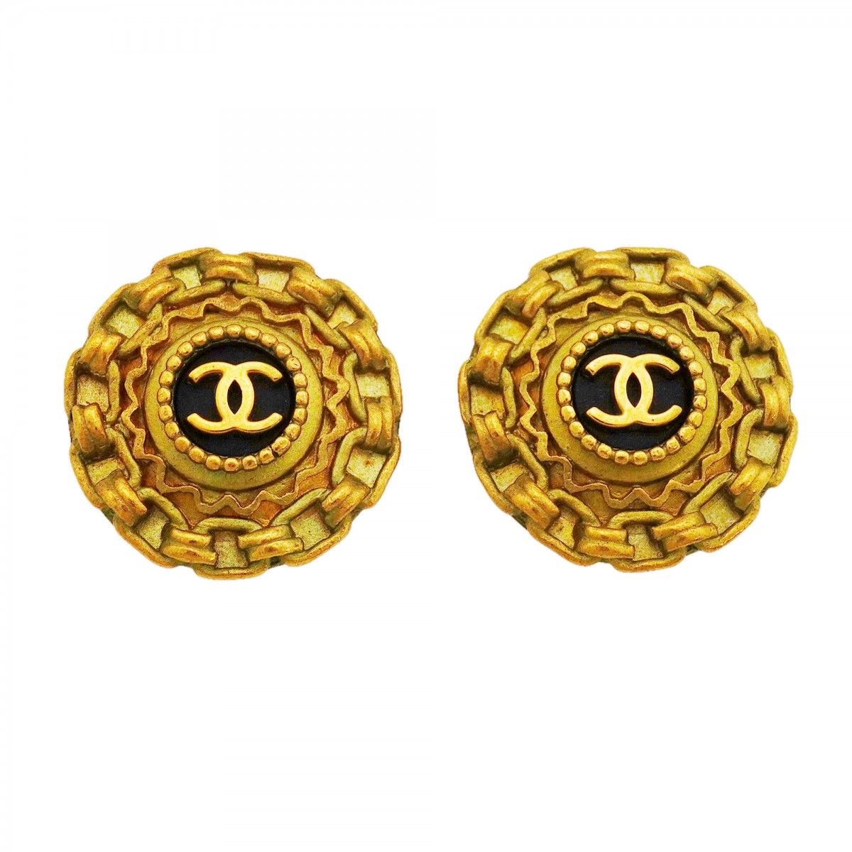 Chanel Earrings Vintage CC Logo Gold Plated Black Cles