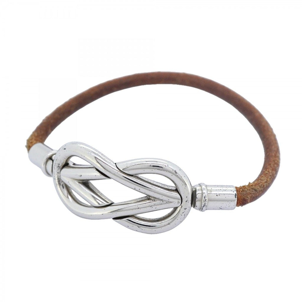 Hermes Bracelet Head Metal Leather Silver Brown