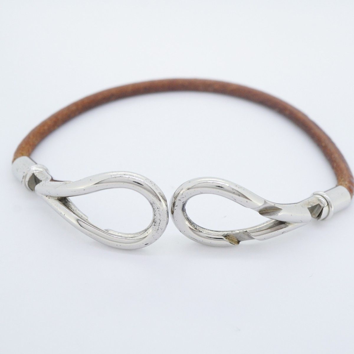 Hermes Bracelet Head Metal Leather Silver Brown — view 4