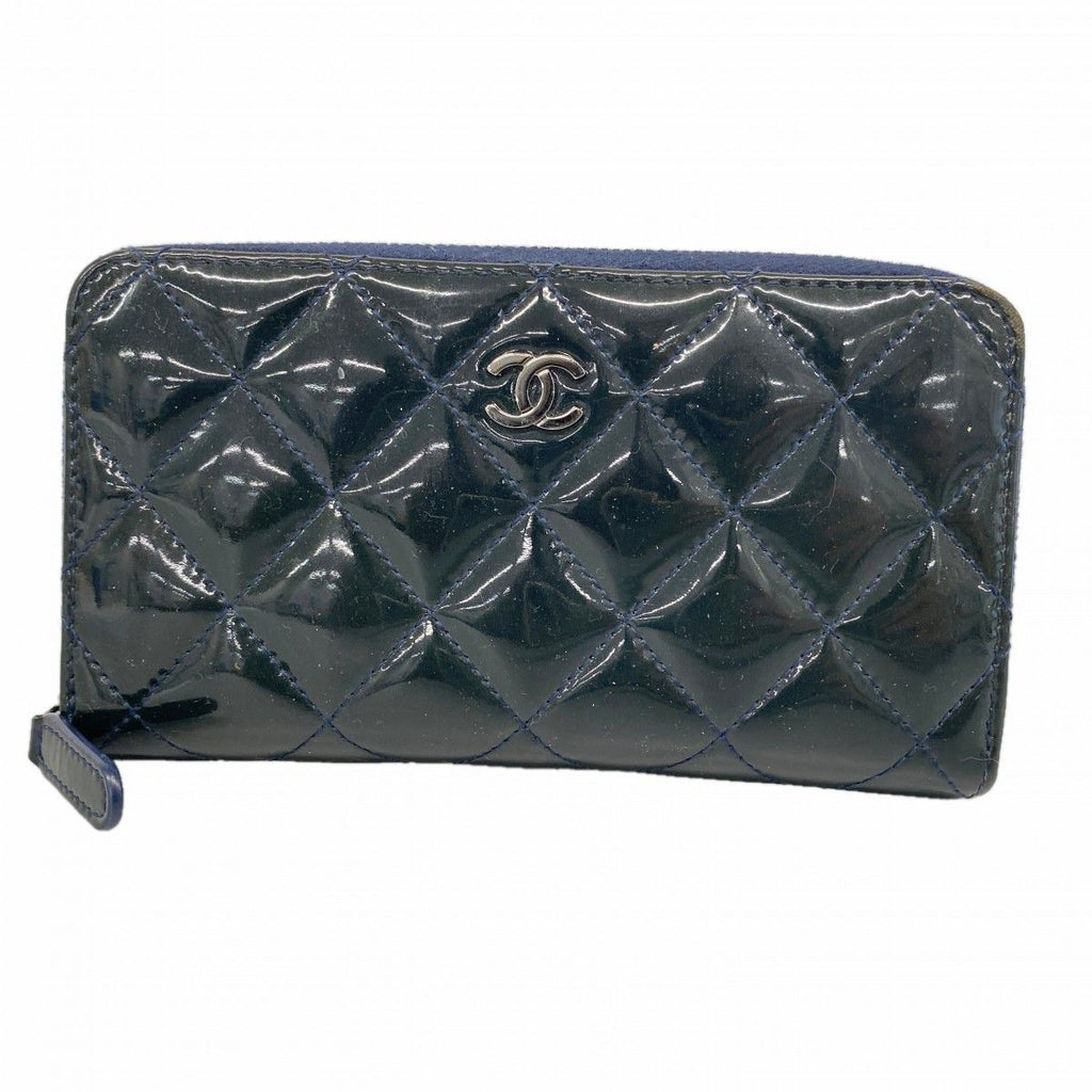 Chanel Coin Case Quilted Patent Leather Navy Silver