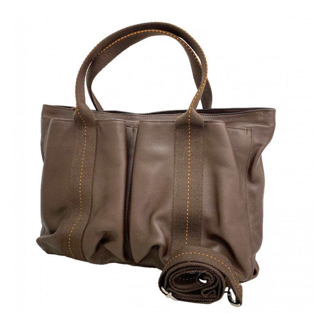 Hermes Handbag Caravan Horizontal Leather Brown Silver 2-Way