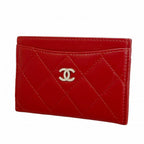 Chanel Card Case Quilted Lambskin Red Silver