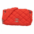 Chanel Shoulder Bag Bubble Quilt Nylon Red Silver