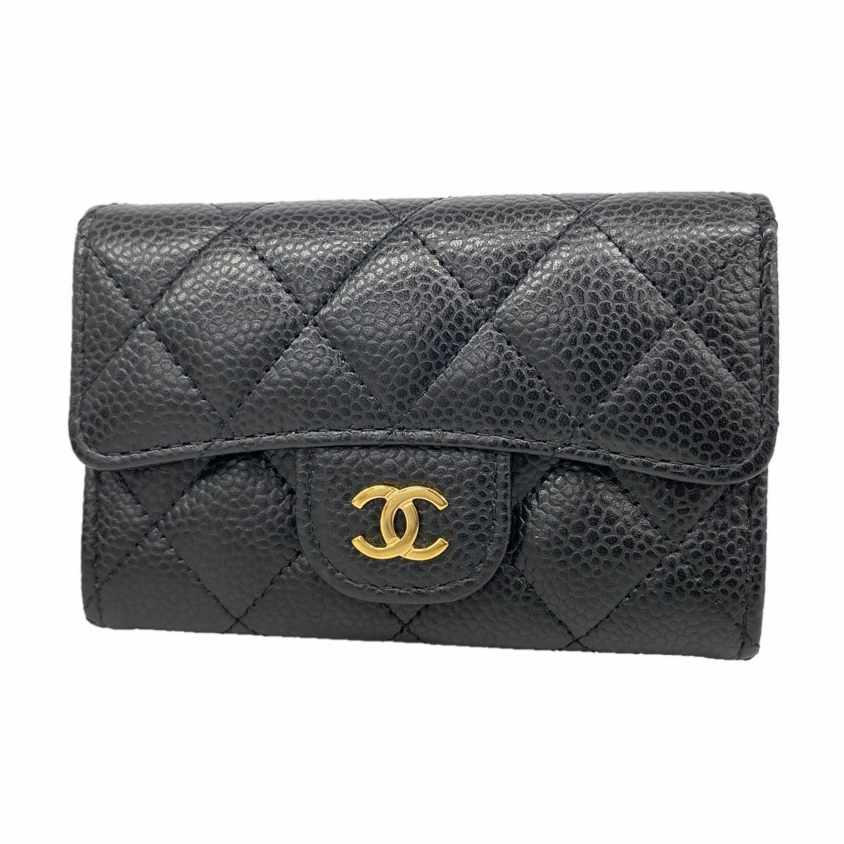 Chanel Card Case Quilted Caviar Leather Black Gold