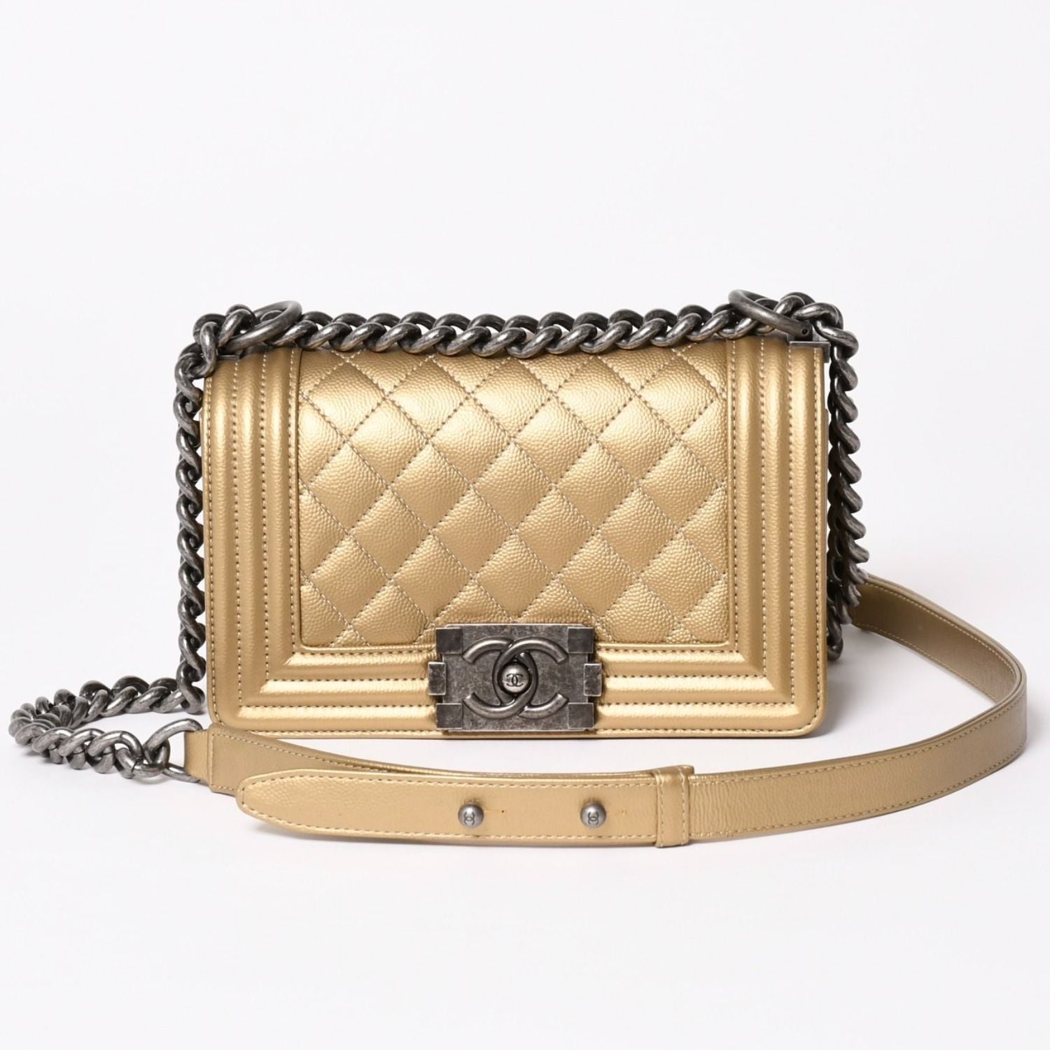 Chanel Boy Shoulder Bag Caviar Leather Metal Gold Mud Black