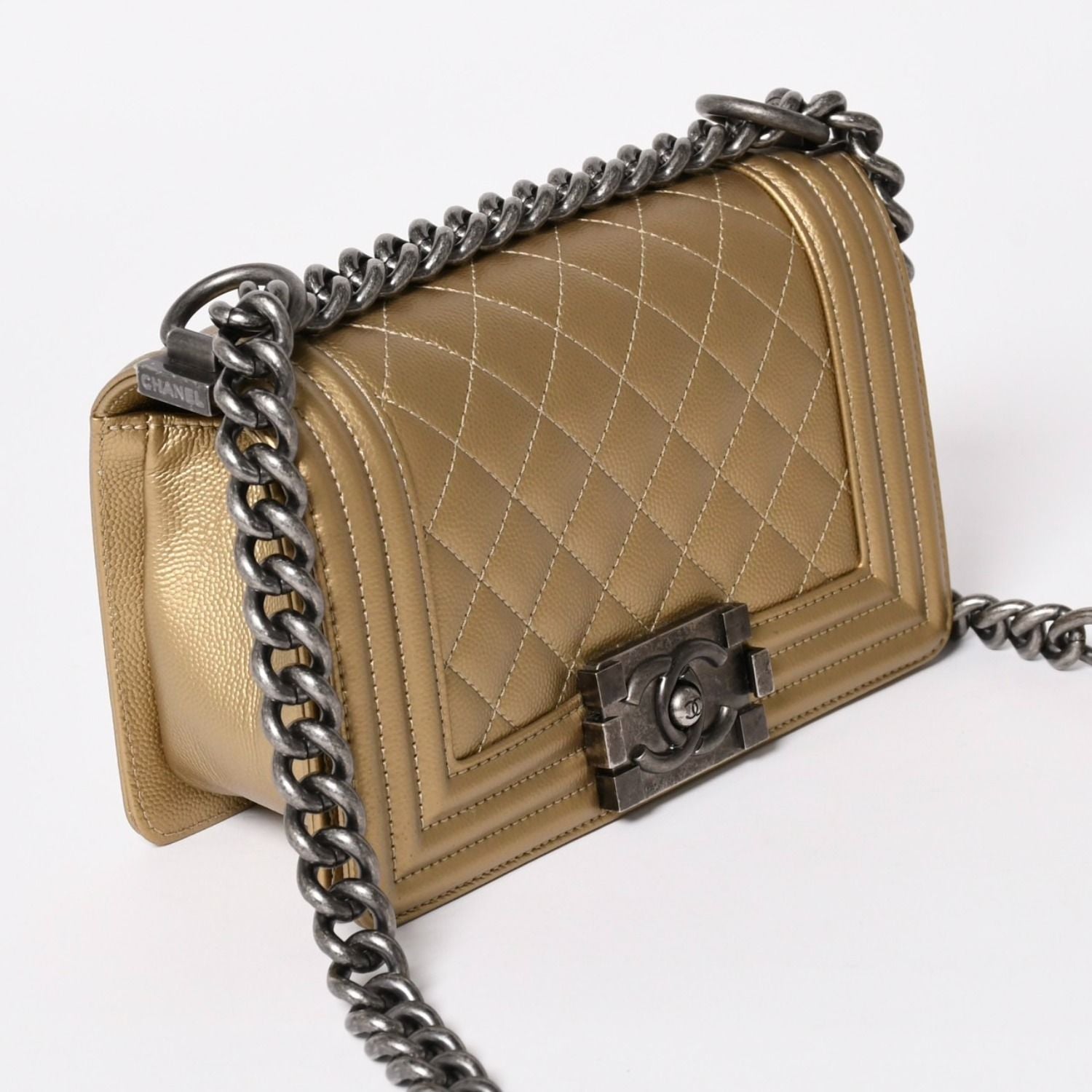 Chanel Boy Shoulder Bag Caviar Leather Metal Gold Mud Black — view 3