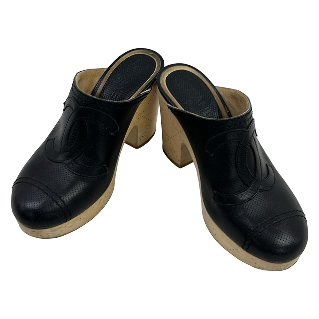 Chanel Mules 36.5 Black CC Logo Perforated Sabot Leather — view 2