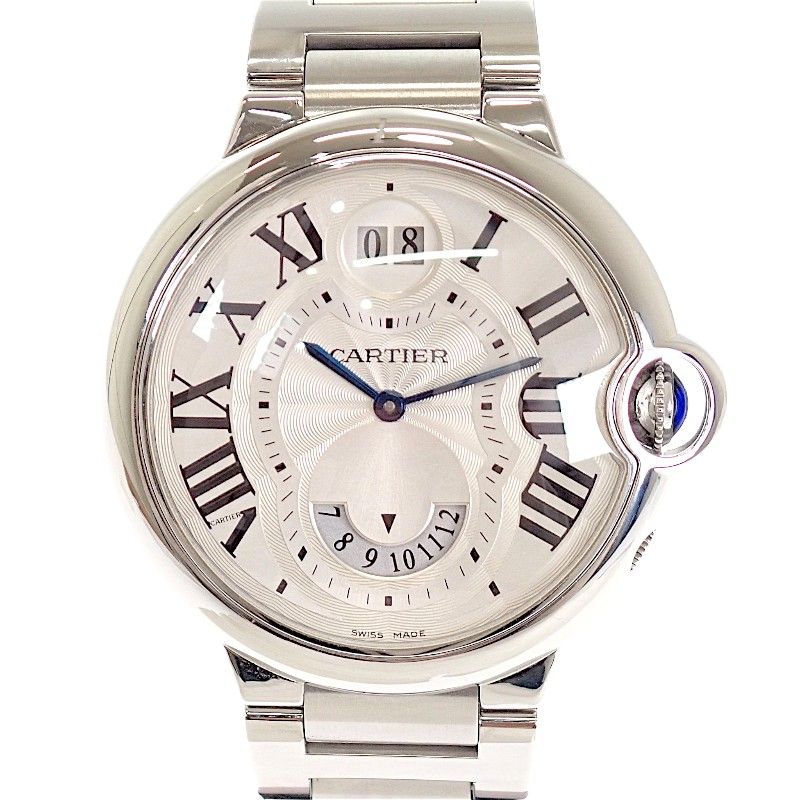 Cartier Baron Blue 2 Time Zone Watch Stainless Steel Silver Swiss Quartz White