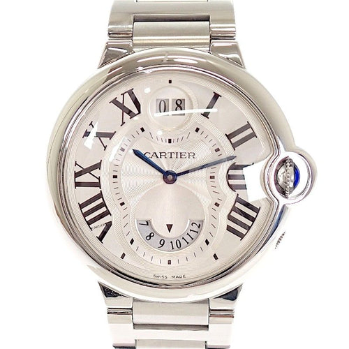 Cartier Baron Blue 2 Time Zone Watch Stainless Steel Silver Swiss Quartz White