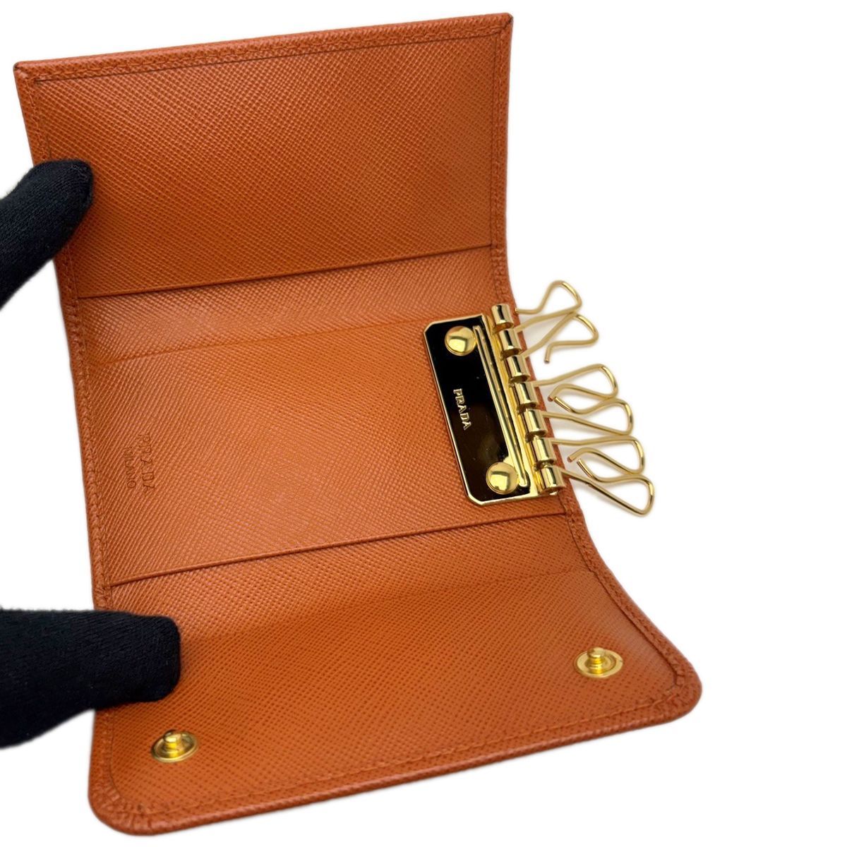 Prada Key Case Saffiano Leather Papaya Orange Gold / Key Holder — view 7