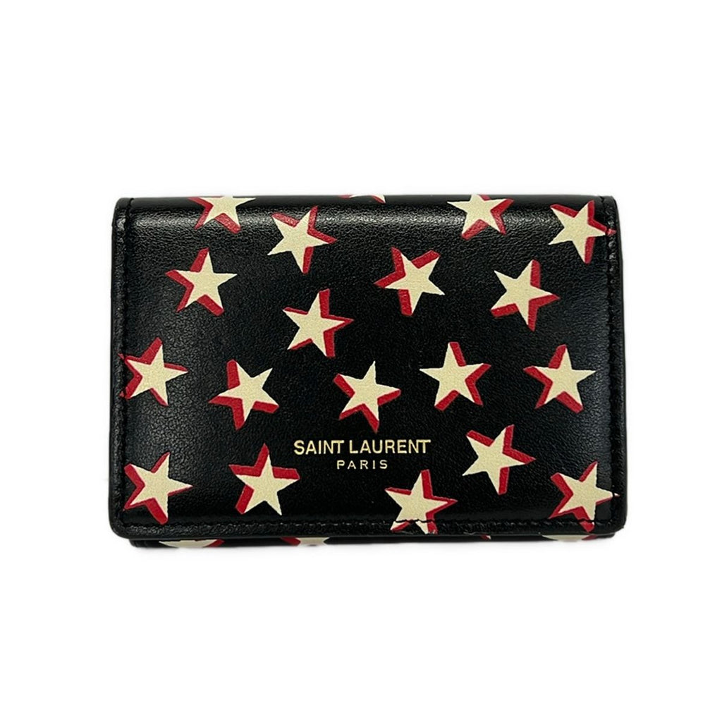 Saint Laurent Paris Trifold Wallet Tiny Black White Red Star Pattern Leather