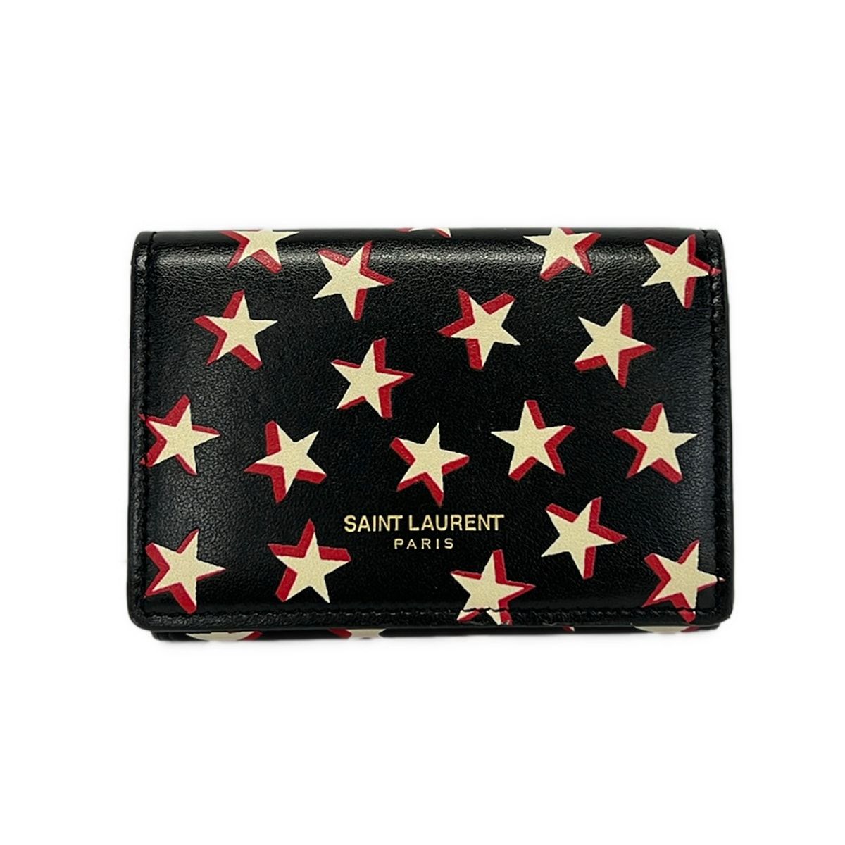 Saint Laurent Paris Trifold Wallet Tiny Black White Red Star Pattern Leather