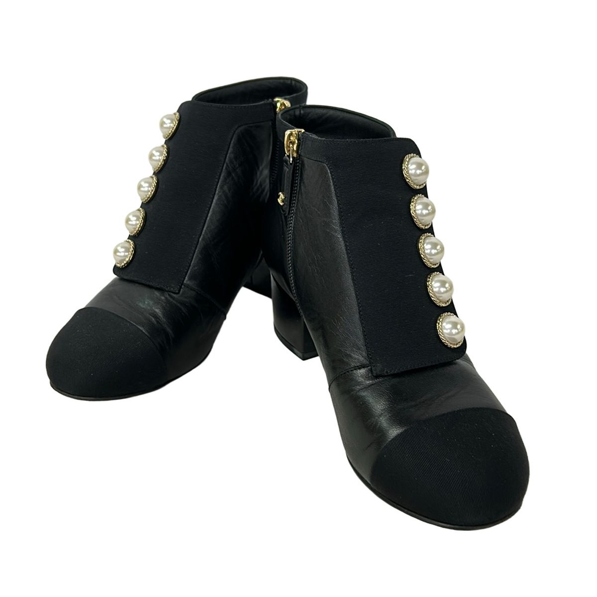 Chanel Short Boots 35 C Black Faux Pearl Leather — view 2