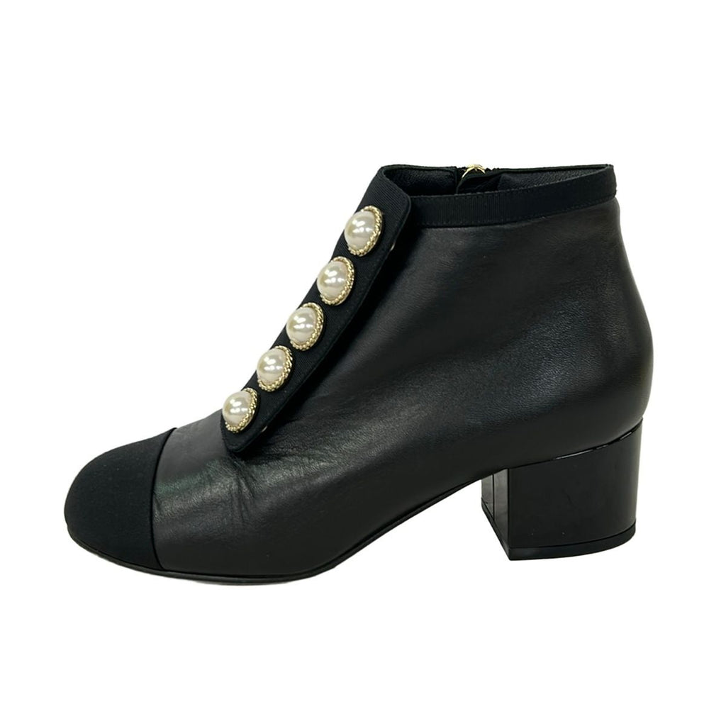 Chanel Short Boots 35 C Black Faux Pearl Leather