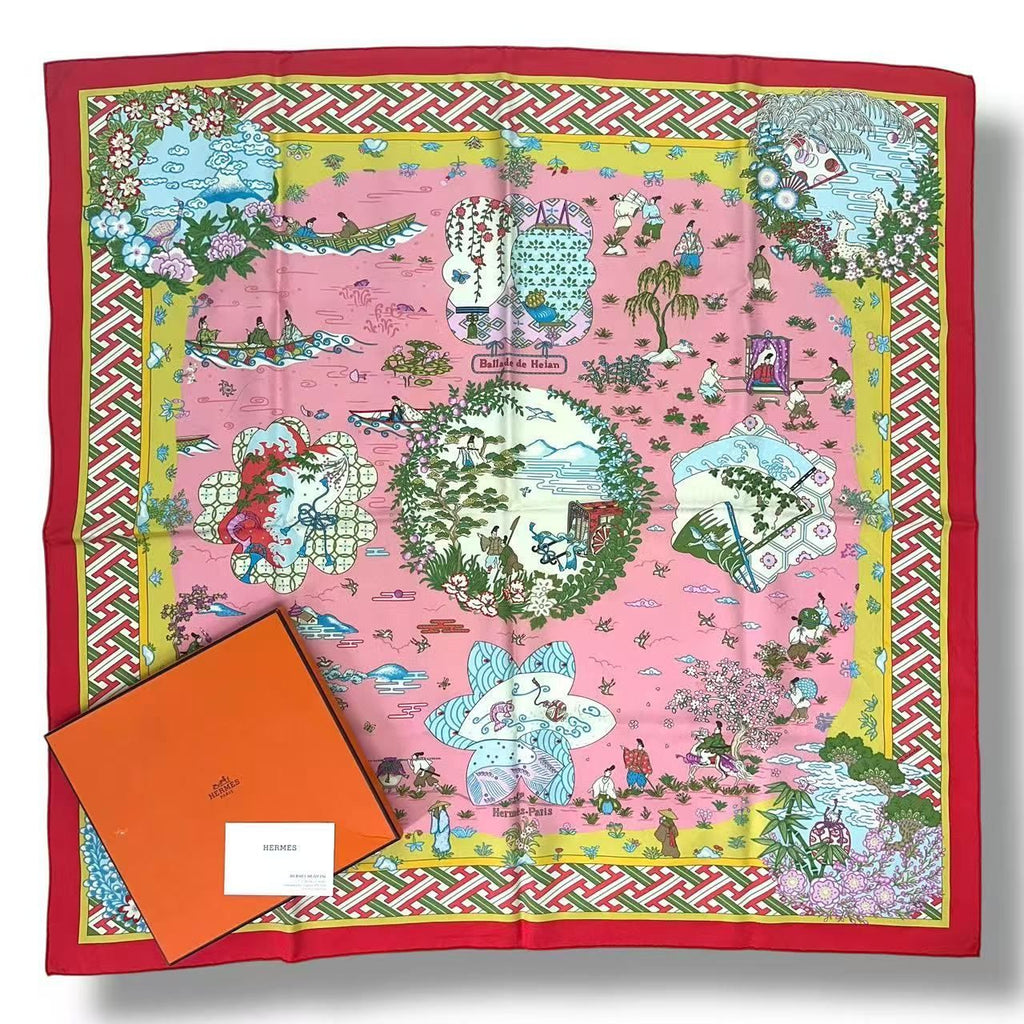 Hermes Carre 90 Scarf Silk Ballade de Heian in the Garden Pink