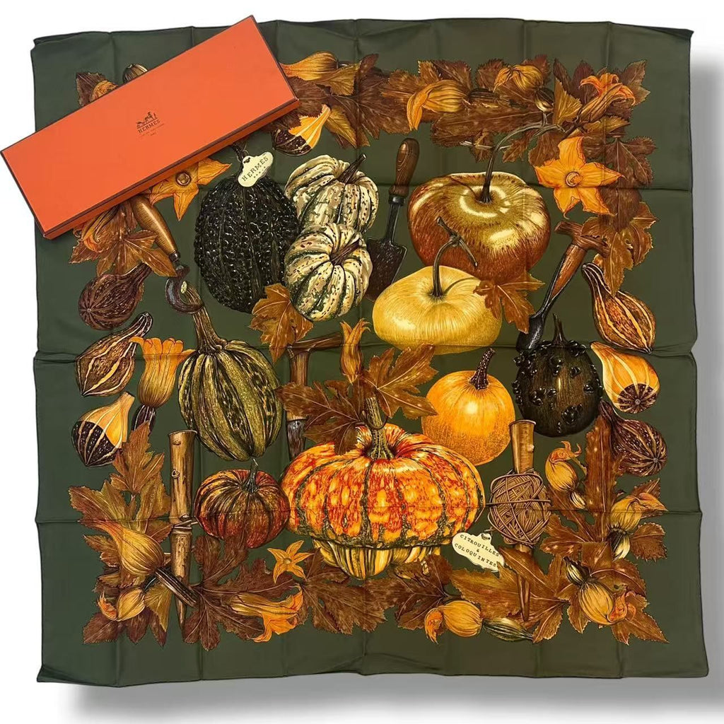 Hermes Carre 90 Scarf Silk Citrouilles Et Coloquintes Pumpkin and Colocint