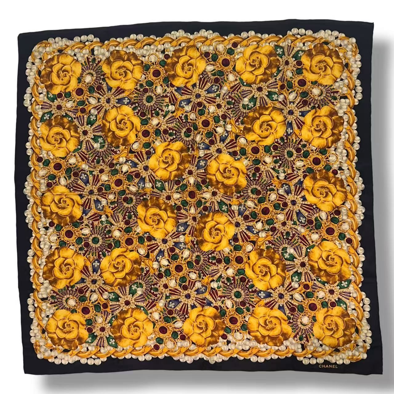 Chanel Scarf Silk Gripoix Gemstone Floral Black Gold